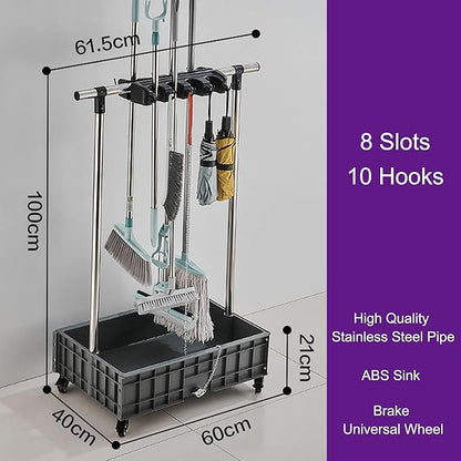 Mop and Broom Holder Cleaning Supplies Mop Bucket Garden Tool Organizer Cleaning Carts on Wheels Freestanding Broom Closet Storage Cabinet Mop Sink for Ho(One Color-8 Slots 10 Hooks