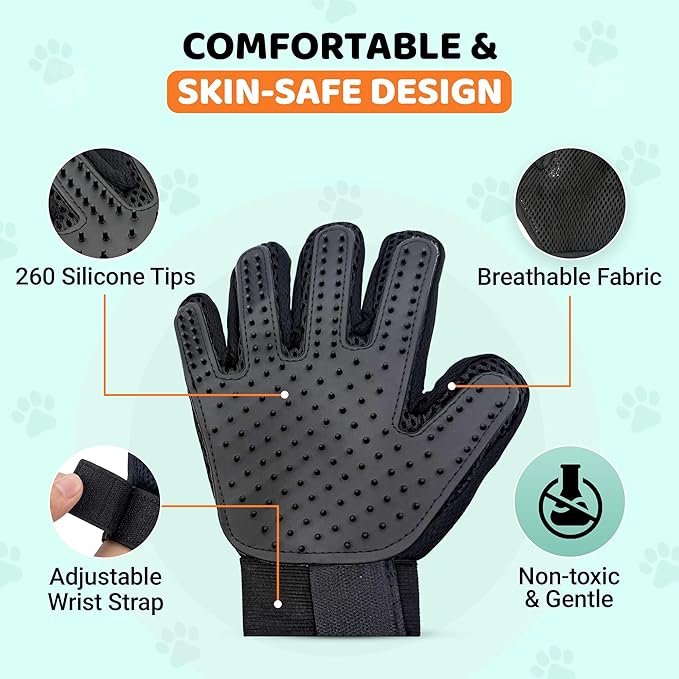 Pet Hair Remover Roller with 2 Grooming Gloves – Reusable Lint Remover for Dogs and Cats (Orange)