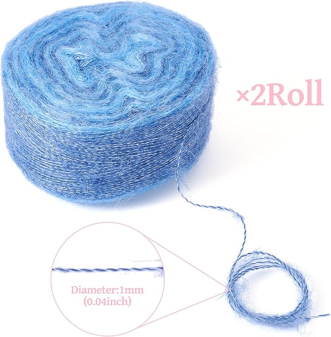 2 Roll Mohair Wool Yarn Soft for Crocheting Knitting Hand Washable Long Wool Yarn DIY Scarf Crochet Thread for Clothes Hats Sweater Scarf Craft Projects (Light Steel Blue)