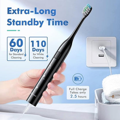 Electric Toothbrush with 8 Brush Heads, Sonic Electric Toothbrush with Fast Charge 4 Hours Last 60 Days, 2-Min & 30s Smart Timer, IPX7 Waterproof (Black)