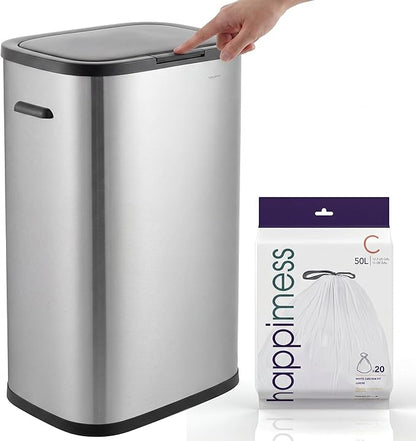 happimess HPM1017A Tammi Kitchen 14.5-Gallon Slim Metal Push Button Trash Can, Fingerprint Resistant, Modern, Minimalistic for Home, Kitchen, Laundry Room, Office, Bedroom, Bathroom, Platinum Silver