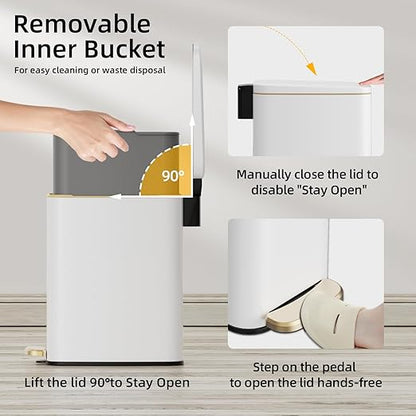 KUK Slim Bathroom Trash Can with Lid, 1.6 Gal / 6L Stainless Steel Small Garbage Bin with Detachable Inner Bucket, Step Pedal, Silent Close, Wastebasket for Toilet, Bedroom, Home, Office (White)
