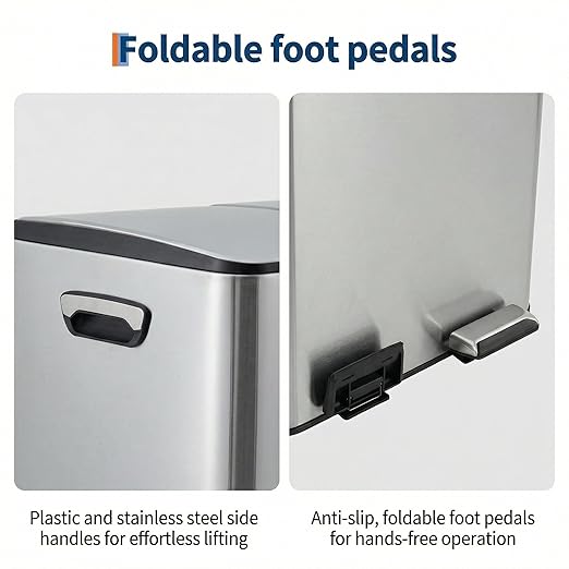Garvee Dual Compartment Trash Can, 2 x 8 Gal (2 x 30L) Stainless Steel Recycling Bin with Anti-Slip Foldable Foot Pedal & Soft-Close Lid, Kitchen Garbage & Recycle Bin Combo - Silver