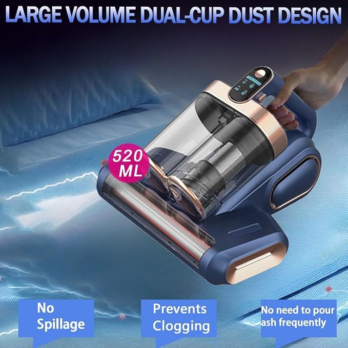 Cordless Double-Cup Mattress Cleaner, 18Kpa Suction 253.7nm UV-C Light & 80000Rpm Rotation Ultrasonic Tech, Portable Handheld Vacuum for Bed/Fabric Sofa/Carpet Cleaning(Blue)