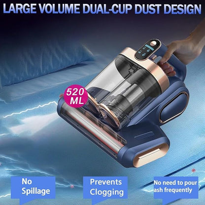 Cordless Double-Cup Mattress Cleaner, 18Kpa Suction 253.7nm UV-C Light & 80000Rpm Rotation Ultrasonic Tech, Portable Handheld Vacuum for Bed/Fabric Sofa/Carpet Cleaning(Blue)