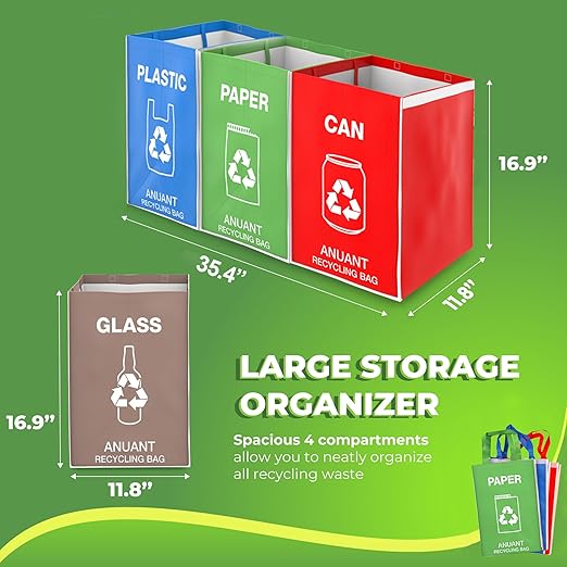 Separate Recycling Waste Bin Bags for Kitchen Office in Home - Large Size Sturdy Double Handles 10 Gallon Recycle Garbage Sorting Bins