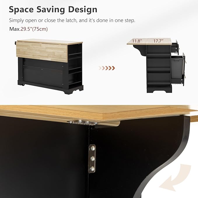 51.2" Kitchen Island with 6 Drawers, Pull Out Trash Can Storage, Rolling Kitchen Island on 5 Wheels with Drop Leaf, Power Outlet, 5 Open Side Racks for Kitchen, Dining Room, Black