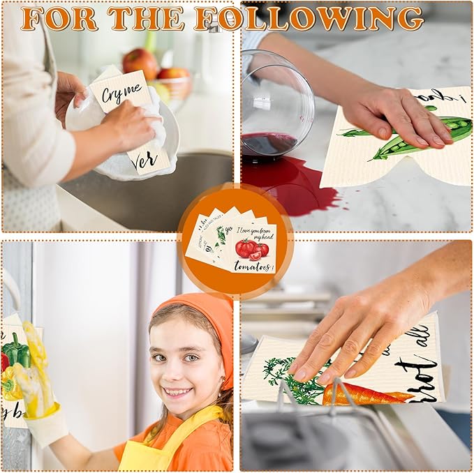 Whaline 12 Pcs Vegetable Swedish Dishcloths Cotton Kitchen Towels Reusable Absorbent Dish Towels for Home Party Housewarming Cleaning, 6.7 x 7.7 Inch