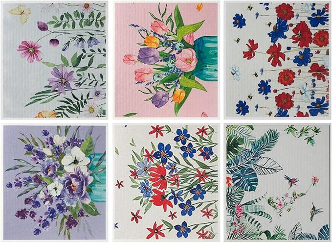 Swedish Kitchen Dish Cloths - 6 Pack Reusable Paper Towels for Counters & Dishes - Eco Friendly Cellulose Sponge Cloth (Flower)