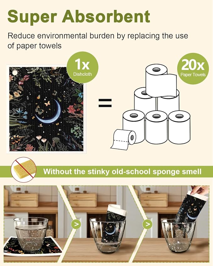 Miss Adola Swedish Dishcloths for Kitchen - Whimsical 8 Pack Compostable Patterned Cotton Dish Cloths Absorbent Swedish Paper Towels Reusable Kitchen Dish Towels, Moonlit Butterfly