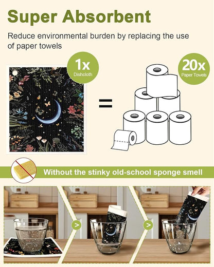 Miss Adola Swedish Dishcloths for Kitchen - Whimsical 8 Pack Compostable Patterned Cotton Dish Cloths Absorbent Swedish Paper Towels Reusable Kitchen Dish Towels, Moonlit Butterfly