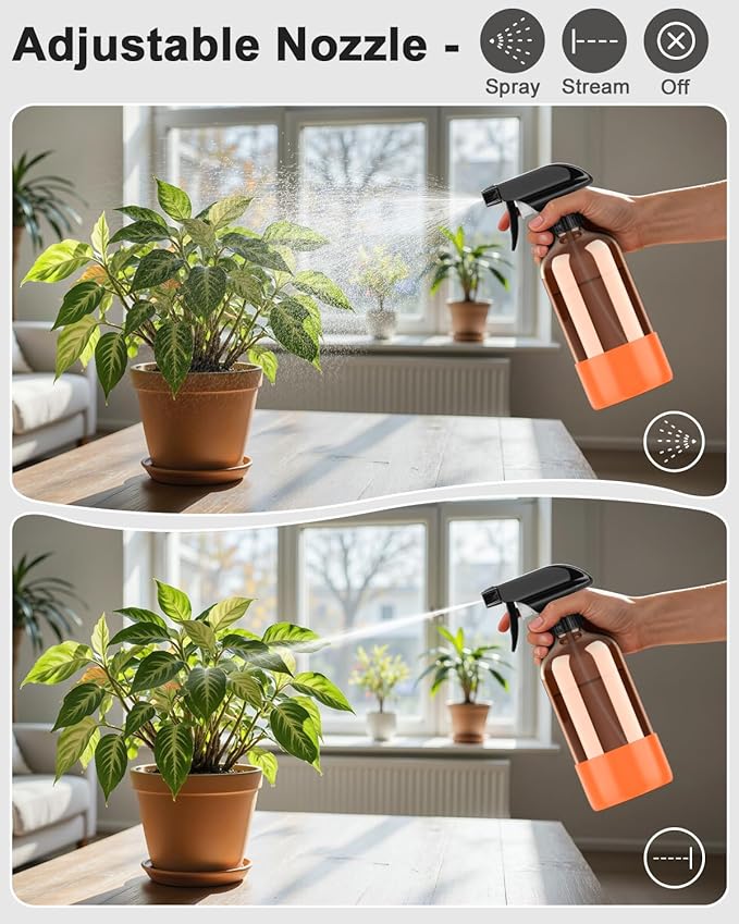 Bontip Amber Glass Spray Bottle with Silicone Sleeve Protection, 16 oz Refillable Spray Bottles for Cleaning Solutions, Plants, Aromatherapy, Facial Hydration (1, Orange, 16 oz)