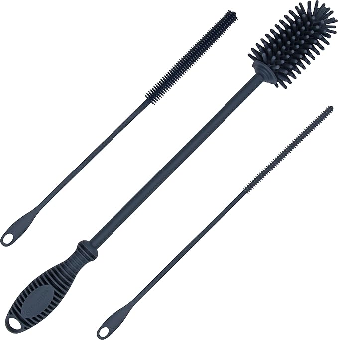 Kitchiny Silicone Bottle Brush with 2 Straw Cleaners - 12.5” Water Bottle Cleaner Brush for Yeti, Hydro Flask, Owala, Stanley, Baby Bottles, Glassware, Vases & Narrow Neck Containers - Grey