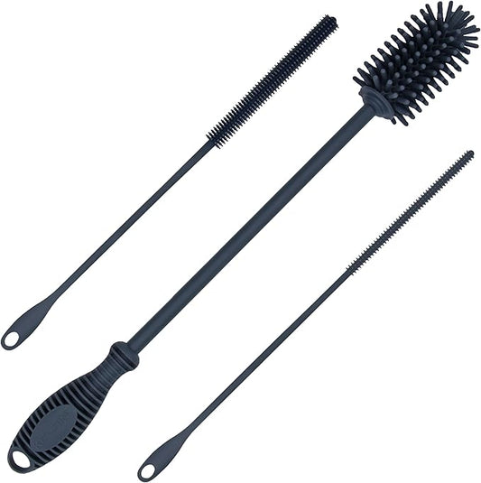Kitchiny Silicone Bottle Brush with 2 Straw Cleaners - 12.5” Water Bottle Cleaner Brush for Yeti, Hydro Flask, Owala, Stanley, Baby Bottles, Glassware, Vases & Narrow Neck Containers - Grey