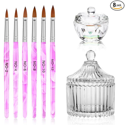 Acrylic Nail Brush Dappen Dish Set, 6PCS Nail Art Pen and 2PCS Crystal Dappen Dish for Acrylic Nails, Manicure Bowl Cup Glass Container for Acrylic Liquid Nail Tool Kit