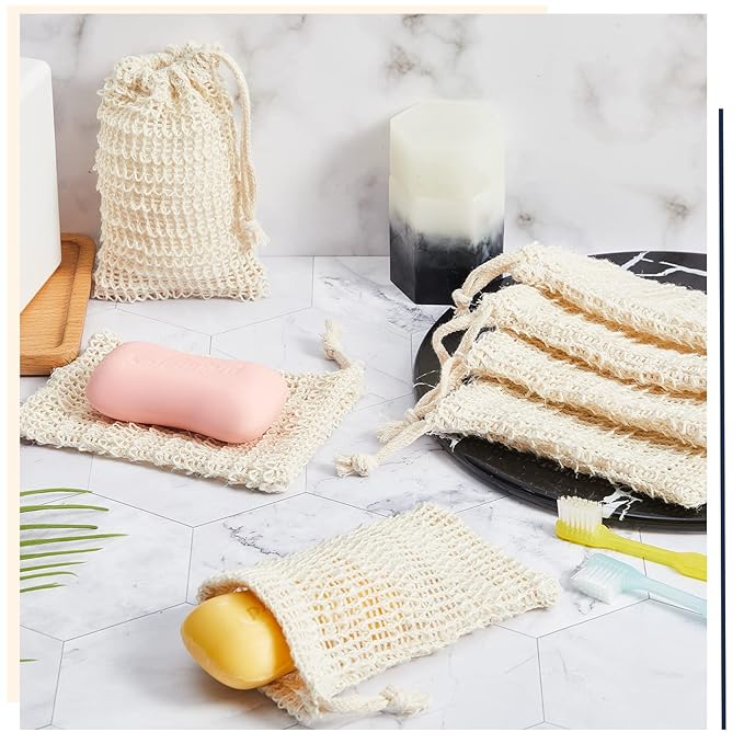 Cunhill 50 Pack Soap Saver Bag Bar Exfoliating Pouch Sisal Soap Savers Mesh Bag with Drawstring Foaming and Drying Holder for Bath and Shower