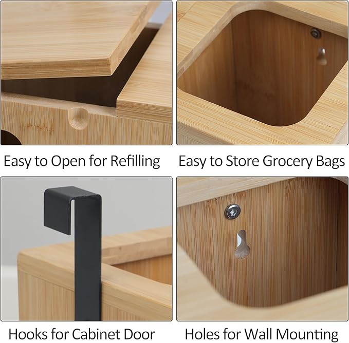 Trash Bag Dispenser & Grocery Bag Organizer, 2 in 1 Bamboo Garbage Bags Storage Box for Cabinet Door or Wall Mount