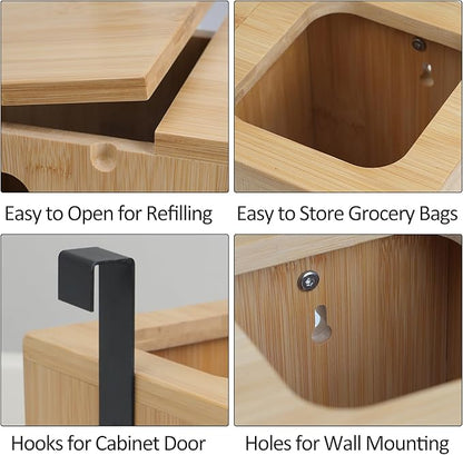 Trash Bag Dispenser & Grocery Bag Organizer, 2 in 1 Bamboo Garbage Bags Storage Box for Cabinet Door or Wall Mount