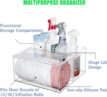 Acrylic Trash Bag Holder Dispenser Kitchen and Bathroom Organizers and Storage - Large Garbage Bag Dispenser Under Sink - Clear Laundry Room Organization with Lid