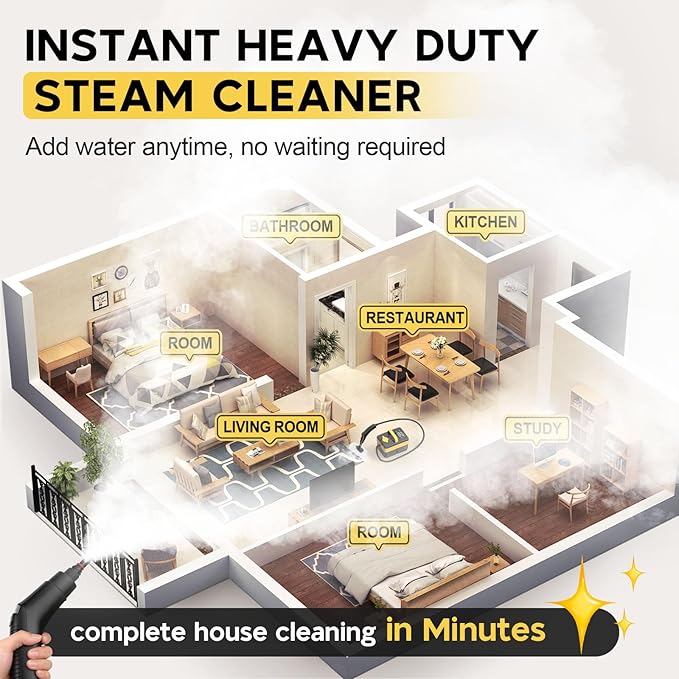 10S Fast Heating Heavy Duty Steam Cleaner 7 Adjustable Levels, 1.6 Quarts Tank, Continuous Spray, Natural Deep Cleaner, Portable Handheld Steamer with 15 Accessories for Home, Car, Tile (Yellow)