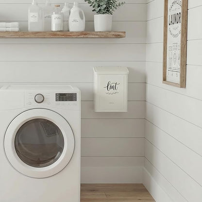 Perfnique Magnetic Lint Bin for Laundry Room with Lint Brush, Wall Mounted Lint Holder Trash can with lid for Dryer, Modern Farmhouse Rustic Metal Laundry Room Storage Organization and Decor(White)
