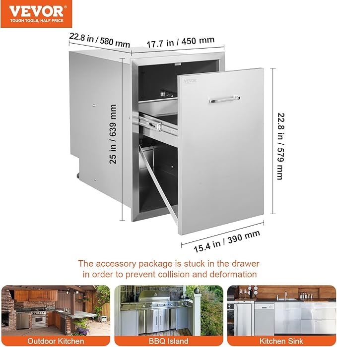 Vevor Pull Out Trash Drawer 17.7x22.8 Inch Raised Style Trash Bin with Pull-Out Tray Stainless Steel Trash Drawer with Handle for Outdoor Kitchen BBQ Island : Patio, Lawn & Garden