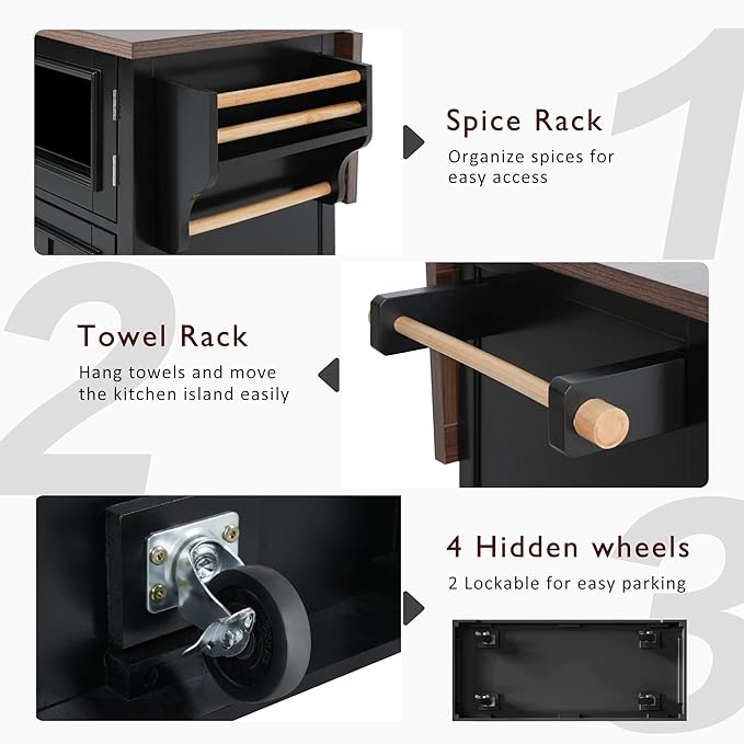 54.9" Large Kitchen Island with Drop Leaf, Power Outlet, Kitchen Storage Islands with Cross Barn Doors & Visual Glass Door, Rolling Kitchen Cart on 4 Wheels, Black