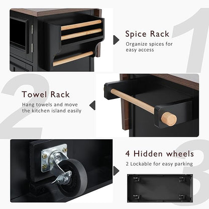 54.9" Large Kitchen Island with Drop Leaf, Power Outlet, Kitchen Storage Islands with Cross Barn Doors & Visual Glass Door, Rolling Kitchen Cart on 4 Wheels, Black