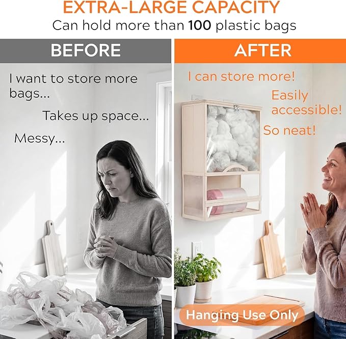 Plastic Bag Holder, Grocery Bag Holder with Trash Bag Roll Dispenser, Wall Mounted Soft Fabric Trash Bag Dispenser (Not Rigid), 14.6" L x 7.7" W x 19.3" H, for Kitchen Pantry Laundry Garage, Beige