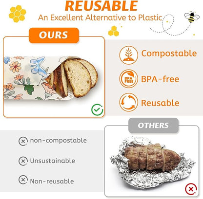 Beeswax Wraps for Food – 9 Pack Reusable Beeswax Bread Bag & Sandwich Wrap, Organic & Eco-Friendly & Sustainable Bees Paper, Perfect Alternative to Aluminum Foil Sourdough Storage & Plastic Wrap