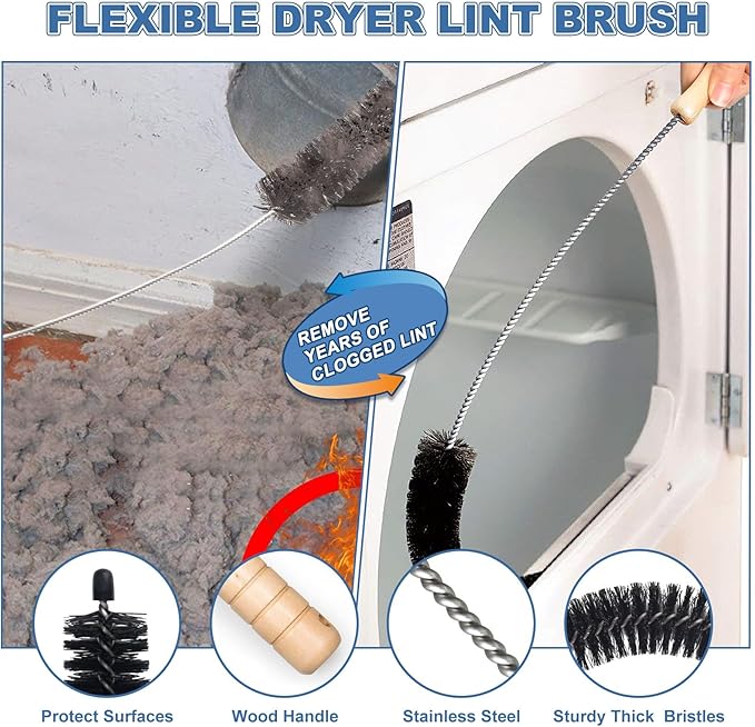 PetOde Upgraded 2 Pieces Dryer Vent Cleaner Kit Compatible with Most Vacuum Cleaner, Flexible Dryer Lint Brush and Vacuum Hose Attachment - 31.5 Inch, Quickly Lint Remove, Blue