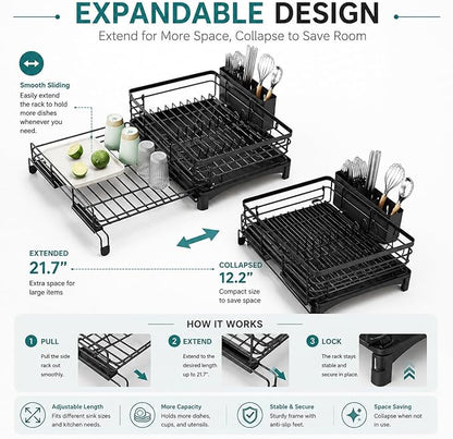 Premium Expandable Dish Drying Rack with Drainboard – 2-in-1 Large Capacity Countertop & Over-Sink Dish Rack, Rust-Resistant Metal