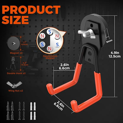 Large Strong Magnetic Hooks Heavy Duty Garage Big Magnet Hooks Extra Strength Magnetic Utility Storage Hook Hanger with Anti Slip Coating for Garden Indoor Outdoor Hanging Tools 2 Pcs Orange