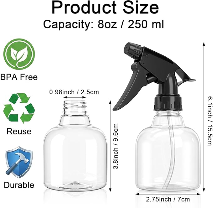 Bekith 12 Pack 8 Oz Empty Plastic Spray Bottle with Black Trigger Sprayers - Adjustable Head Sprayer from Fine to Stream - Refillable Sprayer for Water, Kitchen, Bath, Beauty, Hair, and Cleaning