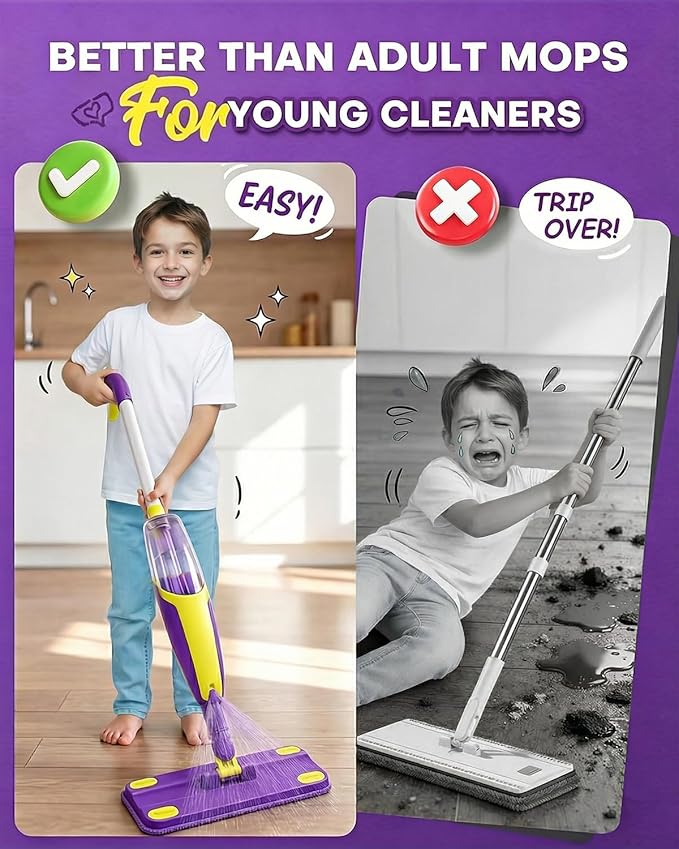Kids Spray Mop Toddler Cleaning Set with Realistic Spray Bottle, 2 Washable Pads and Scraper, Pretend Play Housekeeping Toy for Boys Girls Age 1-3