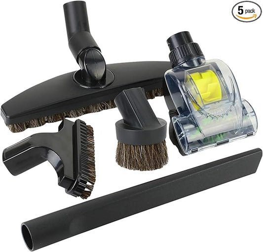 1.25” Vacuum Cleaner Attachment Accessories, Deluxe Floor Brush, Dust, Crevice Tool, Turbo Brush, Upholstery, Fits Shop Vac, Oreck, Bissell, Hoover, Shark, Kirby, Rainbow (5-Pack Turbo)