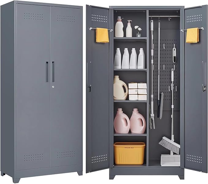 72" H Tall Metal Storage Cabinets, Freestanding Broom Closet Storage Cabinet with Locking Door for Cleaning Tool, Large Garage Cabinet Tool Organizer Storage Cabinet for Office, Grey
