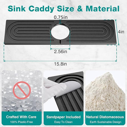 DK177 Faucet Mat for Kitchen Sink - Water Absorbing Stone Tray for Sink, Diatomite Fast-Drying Faucet Mat, Faucet Splash Guard for Bathroom Counter (Dark Gray, 15.8" x 4")