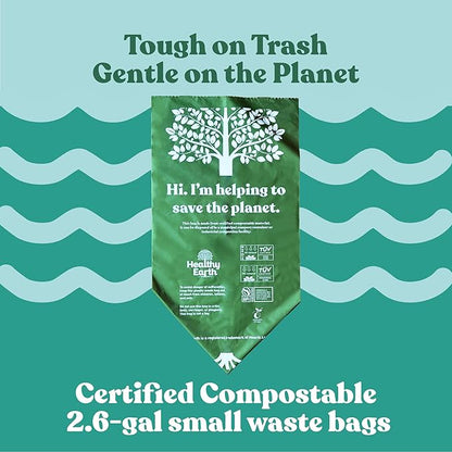 Healthy Earth 2.6 Gallon Compostable Trash Bags – 100 Count Small Trash & Kitchen Compost Bags for Countertop Bins, Extra Thick Plant-Based Food Scrap Liners, BPI & TÜV Certified ASTM D6400