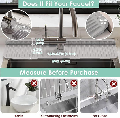 24 Inch Silicone Faucet Mat for Kitchen Sink Splash Guard - 7° Slope Water Draining Mat With Fasten Button for Bathroom Area (Gray, 24"x5.5")