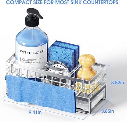 Kitchen Sink Sponge Holder - Self-Draining, Detachable Dish Cloth Holder, Rustproof Kitchen Countertop Organizer (Stainless Steel)