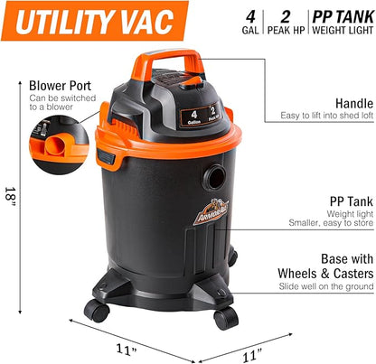 Armor All VO405P 0901 4 Gallon Wet/Dry Vac 2.0 Peak HP Shop Vacuum with Nozzles & Brush,Black/Orange