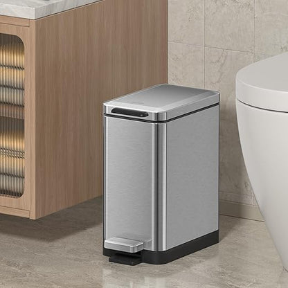 Mbillion Bathroom Trash Can with Lid Slim Stainless Steel Small Bathroom Garbage Can 10 Liter, 2.6 Gallon Soft Close, Step Pedal, Slim Wastebasket for Toilet, Office, Bedroom, Brushed Silver