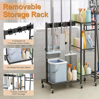 YOXIER Heavy Duty Rolling Tool Cart & Broom Organizer - 3-Tier Steel Cleaning Caddy Cart for Garage Organization Next to Garage Cabinets. Freestanding Rack Beats Any Broom Hanger Wall Mount Black