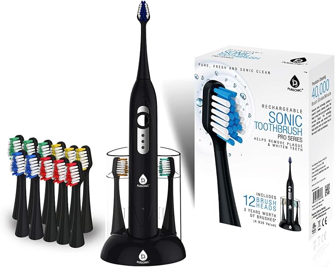 Pursonic S430 Power Rechargeable Sonic Toothbrush: 40,000 Strokes Per Minute, 12 Brush Head Replacements & Toothbrush Set Included - Black