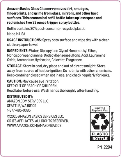 Amazon Basics Glass Cleaner Refill, Streak-Free, Cleans Windows and Mirrors with Sparkling Shine, Economical, 67.6 Fl Oz, 1-Pack