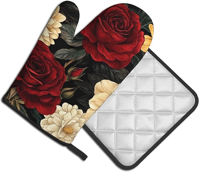 Boho Oven Mitts and Pot Holders Sets Vintage Peony Flowers Kitchen Mitts Potholders 2PCS Floral Oven Gloves Hot Pads for Kitchen Baking Cooking
