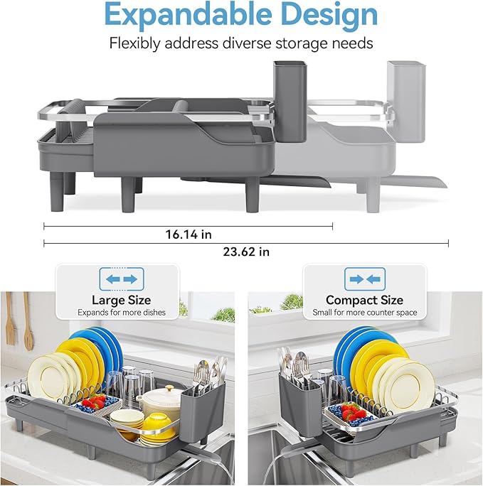 Urackify Expandable Dish Rack for Kitchen Counter, 16.14"-23.62" Large Stainless Steel Dish Drying Rack with Adjustable Water Spout, Space Saving Dish Drainer with Auto Draining Cutlery Holder,Grey
