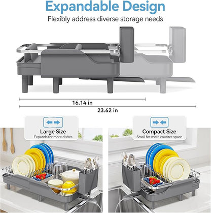 Urackify Expandable Dish Rack for Kitchen Counter, 16.14"-23.62" Large Stainless Steel Dish Drying Rack with Adjustable Water Spout, Space Saving Dish Drainer with Auto Draining Cutlery Holder,Grey