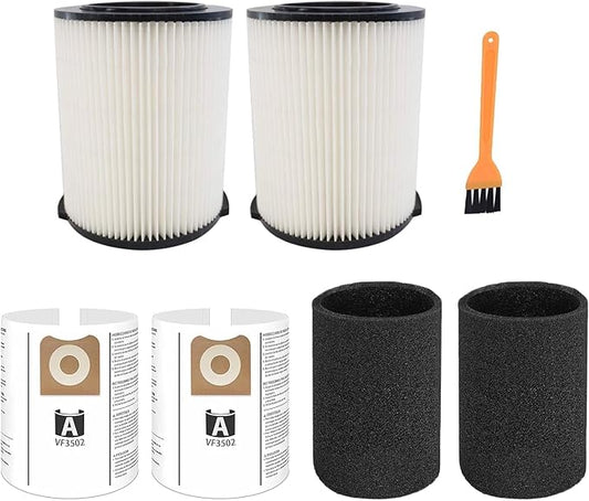 2 Pack VF4000 Filter Replacement for Ridgid for Shop Vac 5-20 Gallon Wet Dry Vacuums + VF3502 Shop Vac Bags + 2 Pack Foam Sleeve for Ridgid Wet Dry Vacuum + 1 Pack Brush Cleaner (7 Pack)